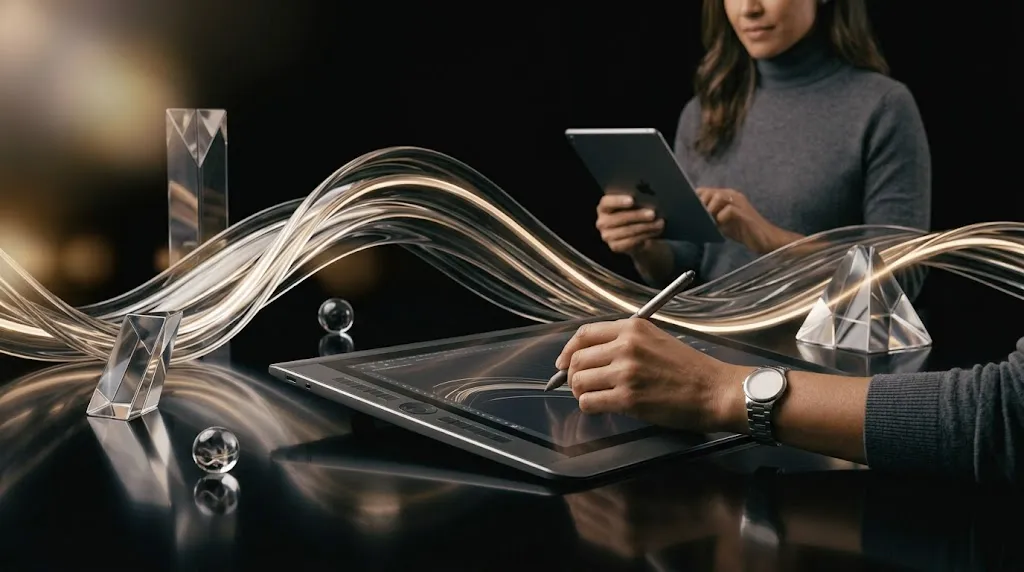 Motion design: designer desenhando em uma mesa digitalizadora com fitas de vidro e luz dourada em movimento