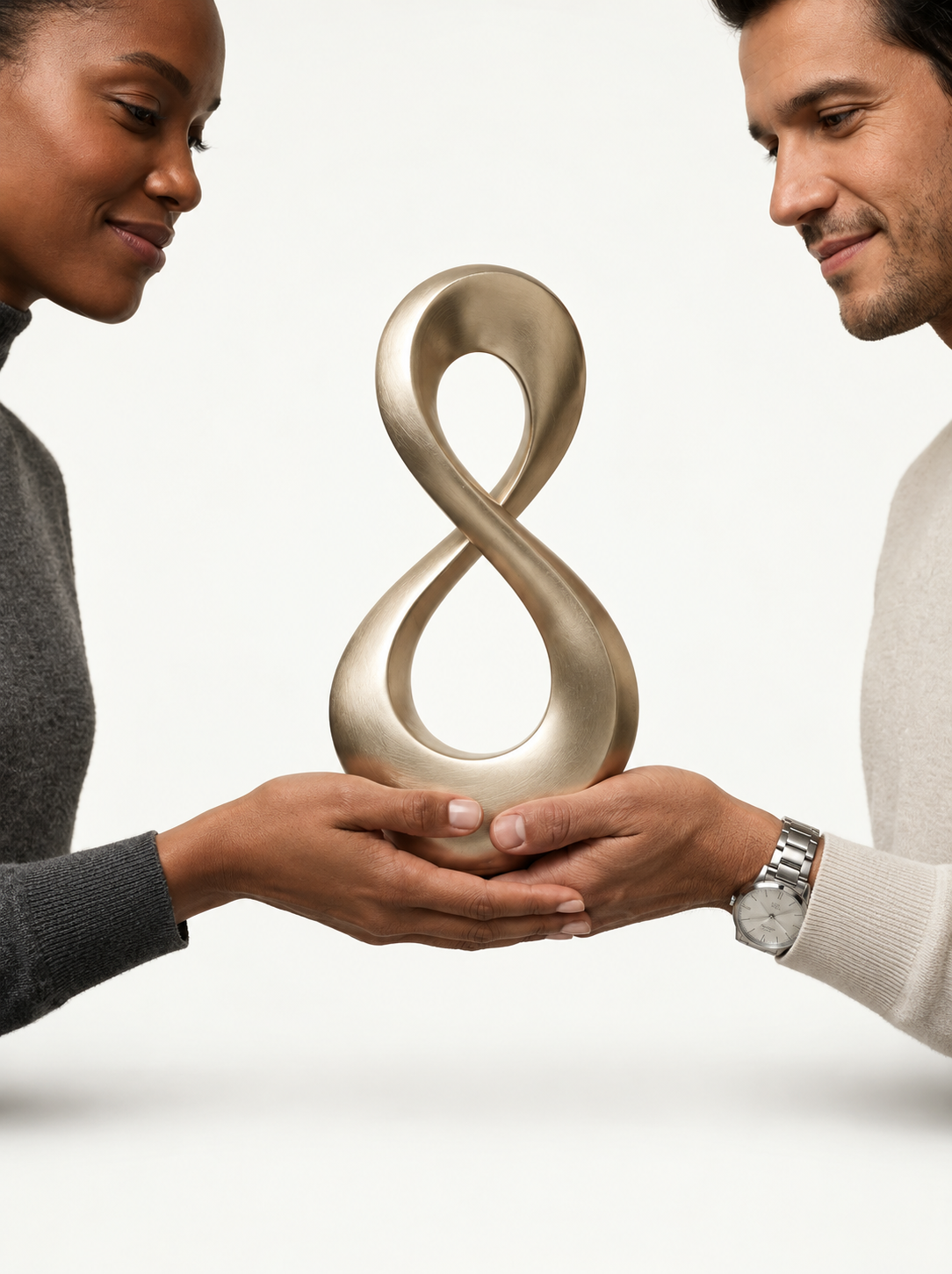Duas pessoas segurando uma escultura dourada em forma de infinito, simbolizando a parceria entre a OMSAZ e seus clientes