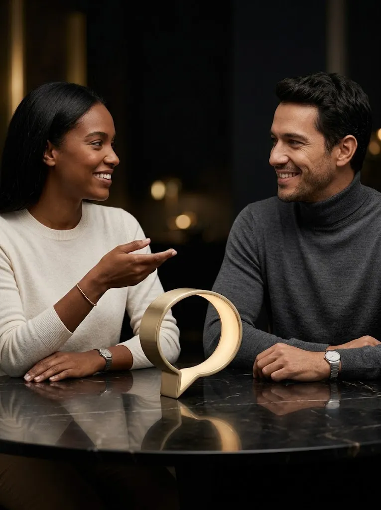 Dois profissionais conversando sorrindo em uma mesa, com um balão de conversa dourado entre eles